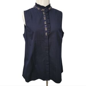 J. Crew Navy Sleeveless Embellished Ruffle Mock Neck Blouse